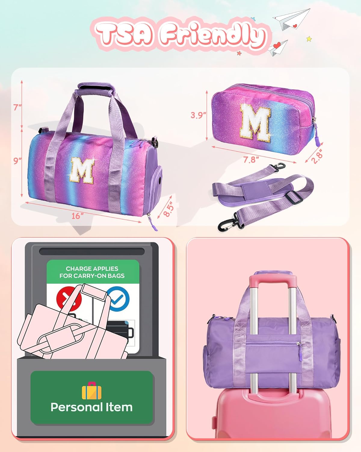 Gifts for 3 4 5 6 7 8 9 10 Year Old Girls-Girl Gym Bag with Shoe Compartment, Kid Personalized Weekender Overnight Bags, Initial Travel Tote with Makeup Pouch, Graduation Gift (Letter M)