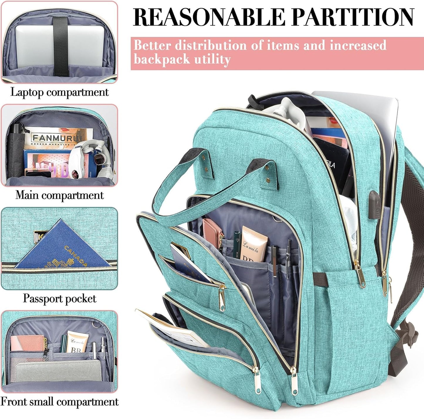 Laptop Backpack for Women, High School Bookbag for Girls with USB Port Charging, 15.6 Inch Water Resistant Computer Bag for Work, Travel College Back Pack Purse Gifts for Student Teacher, Light Green