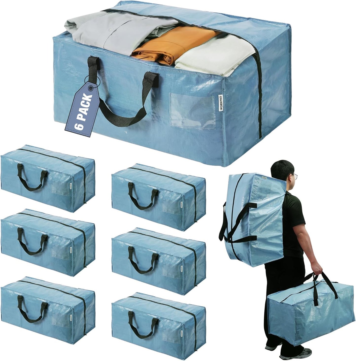 WORKPRO 6 Pack Extra Large Moving Bags with Zippers & Carrying Handles Backpack Straps, Heavy-Duty Storage Tote for Space Saving & Storage, Alternative to Moving Box (Dusty Blue)