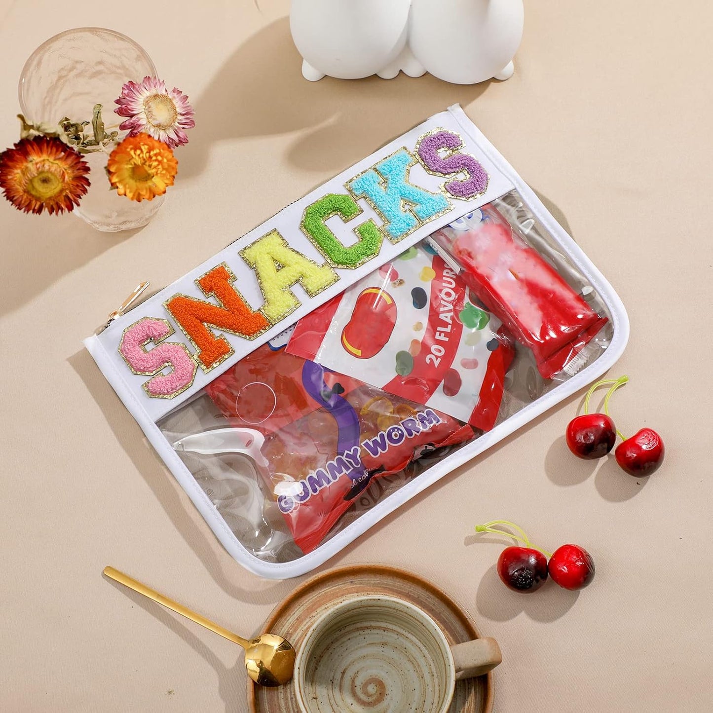 DYSHAYEN Chenille Letter Clear Zipper Pouch for Travel,Nylon Clear Cosmetic Bag,Makeup Travel Bag for Women Girls 11.8 Inches x 8.2 Inches