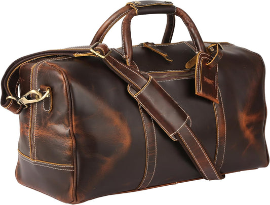 KomalC Leather Duffel Bags for Men and Women Full Grain Leather Travel Overnight Weekend Leather Bags Sports Gym Duffel for Men (Dark Tan, 20 Inch)
