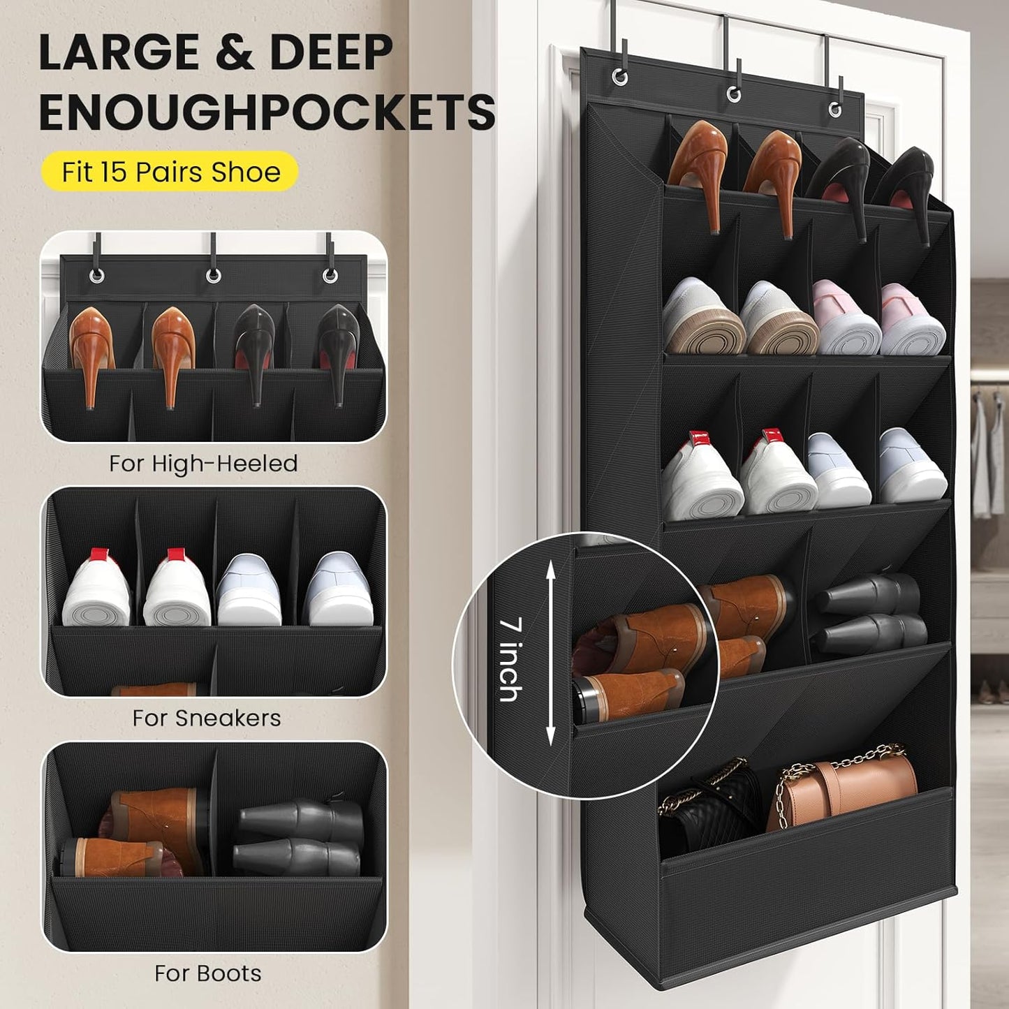 Over the Door Shoe Organizer for Closet, Shoes Rack for Closet with 15 Large Pockets, Hanging Shoe Organizers for Boot Storage, Behind the Door Narrow Shoe Holder for Small Shoes, Black
