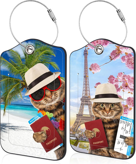 2 Pack Luggage Tag for Suitcase Funny Cat Passport Leather Travel Cruise Luggage Tag with Stainless Steel Loop Name ID Label Privacy Cover for Adults Teens Travel Bag Labels Set