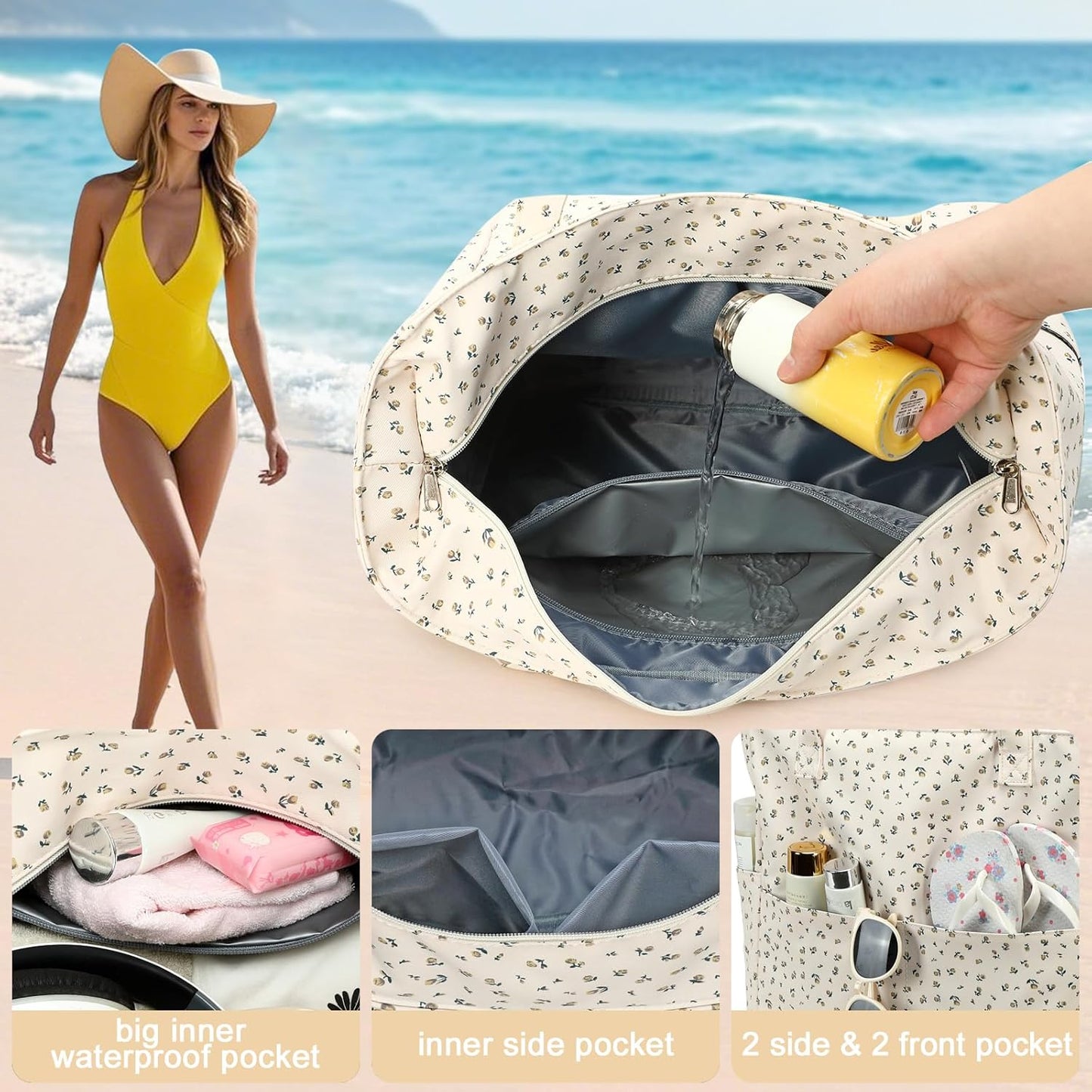 LEDAOU Beach Bag Waterproof Sandproof Women Tote Bag Pool Bag with Zipper for Gym Grocery Travel with Wet Pocket