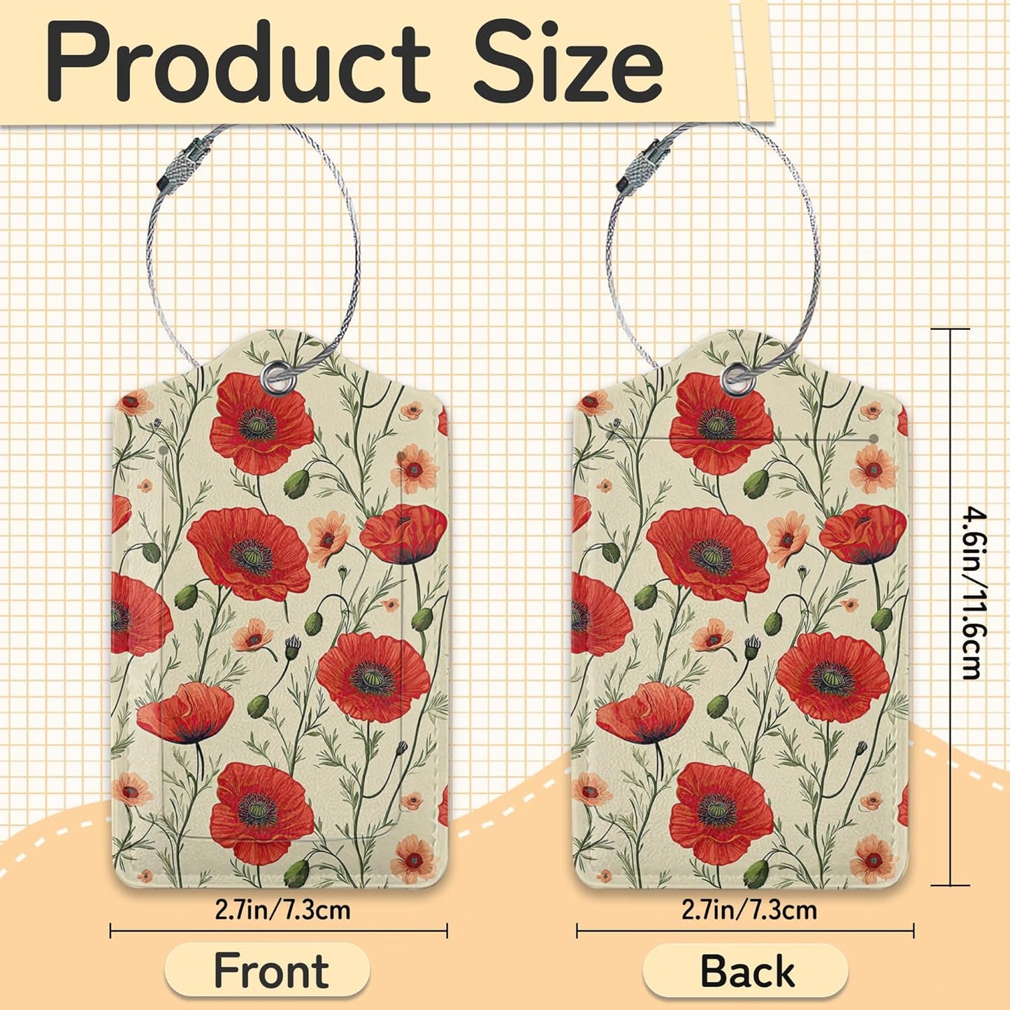 3 PCS Red Poppy Flower Luggage Tags,Suitcase Tags Privacy Cover ID Label with Stainless Steel Loop and Address Card for Travel Bag Suitcase
