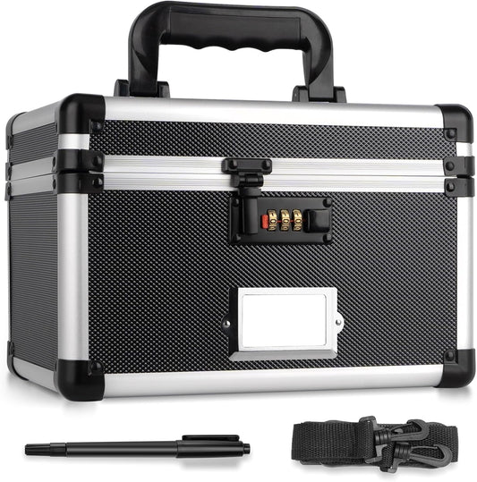 11 x 7 x 8.3 Inch Lockable Storage Box with Combination Lock, Portable Safe for Documents, Medicine, Cash & Valuables, Medicine Lock Box with Label Slot for Home, Office & Travel - Black