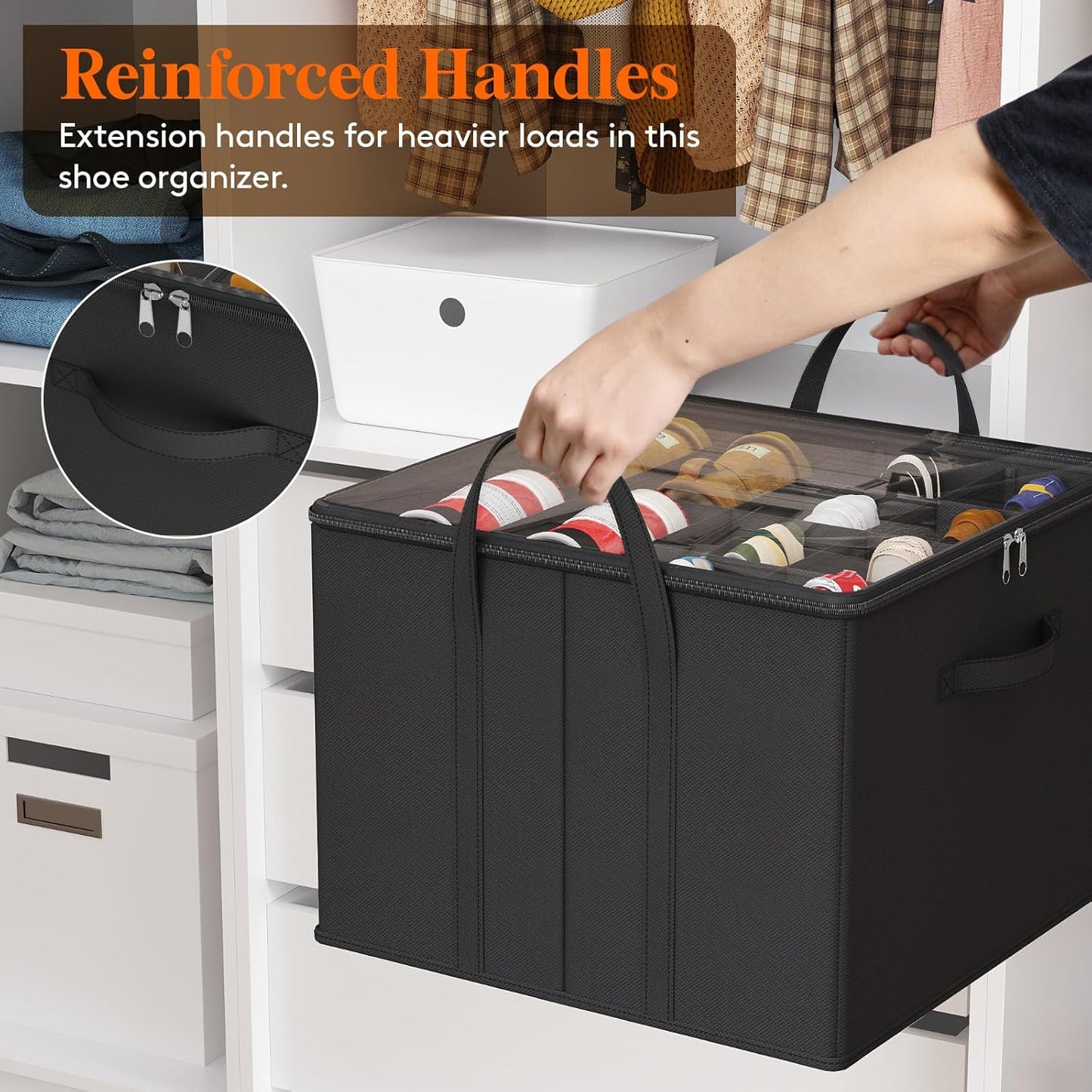 Lifewit Shoe Storage Organizer for Closet, Fits 12-16 Pairs, Large Shoe Box Storage Containers with Clear Cover and Reinforced Handles, Foldable Storage Bins Fit for Boots Heels Sneakers, 1 Pack Black