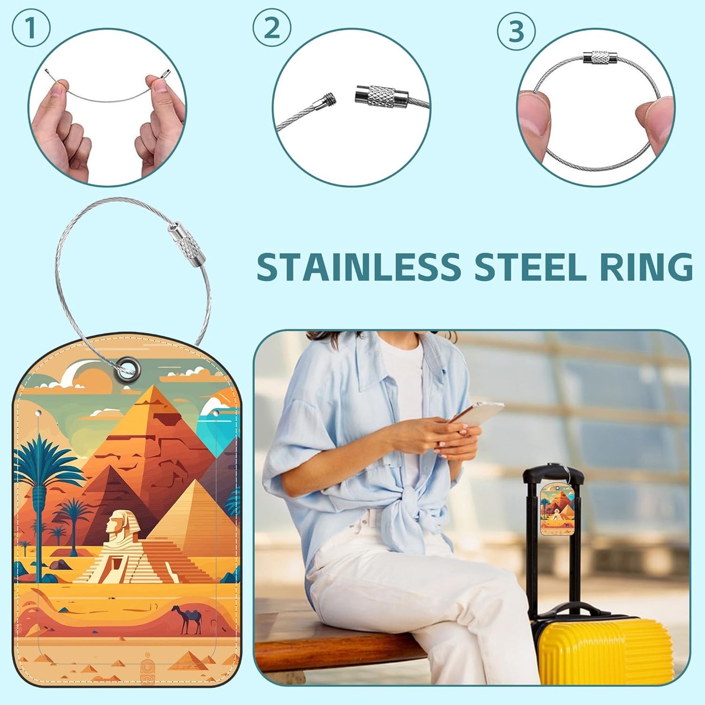 2 Pack Cute Luggage Tag for Suitcases Pyramid of Egypt Leather Luggage Tags with Stainless Steel Loop Privacy Flap Name Tags,Men and Women Travel Bag Suitcase Tags