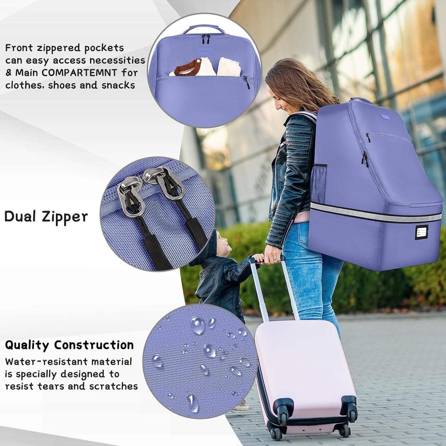 Car Seat Travel Bag - Padded Car Seat Carrier with Steel Cable Handle and Reflective Stripes, Large Durable Airport Gate Check Bag with Shoulder Strap