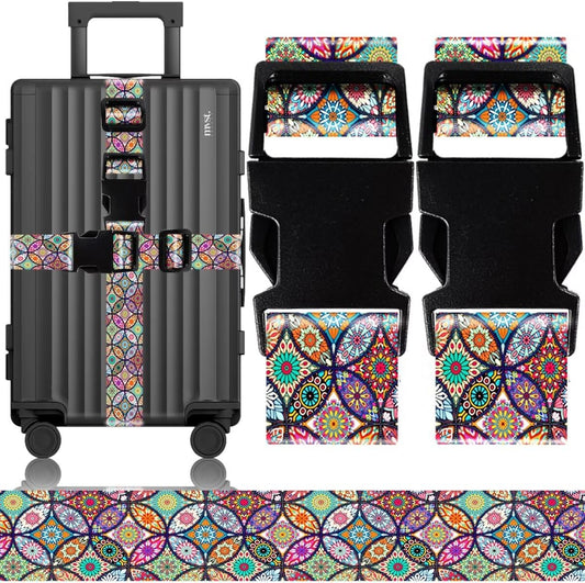 2 Pack Luggage Straps for Suitcases Adjustable Luggage Belt TSA Approved, Bright Colors Travel Packing Straps with Quick Release Buckle Unique Nylon for Sleeping Bag Car Seat, Bohemia