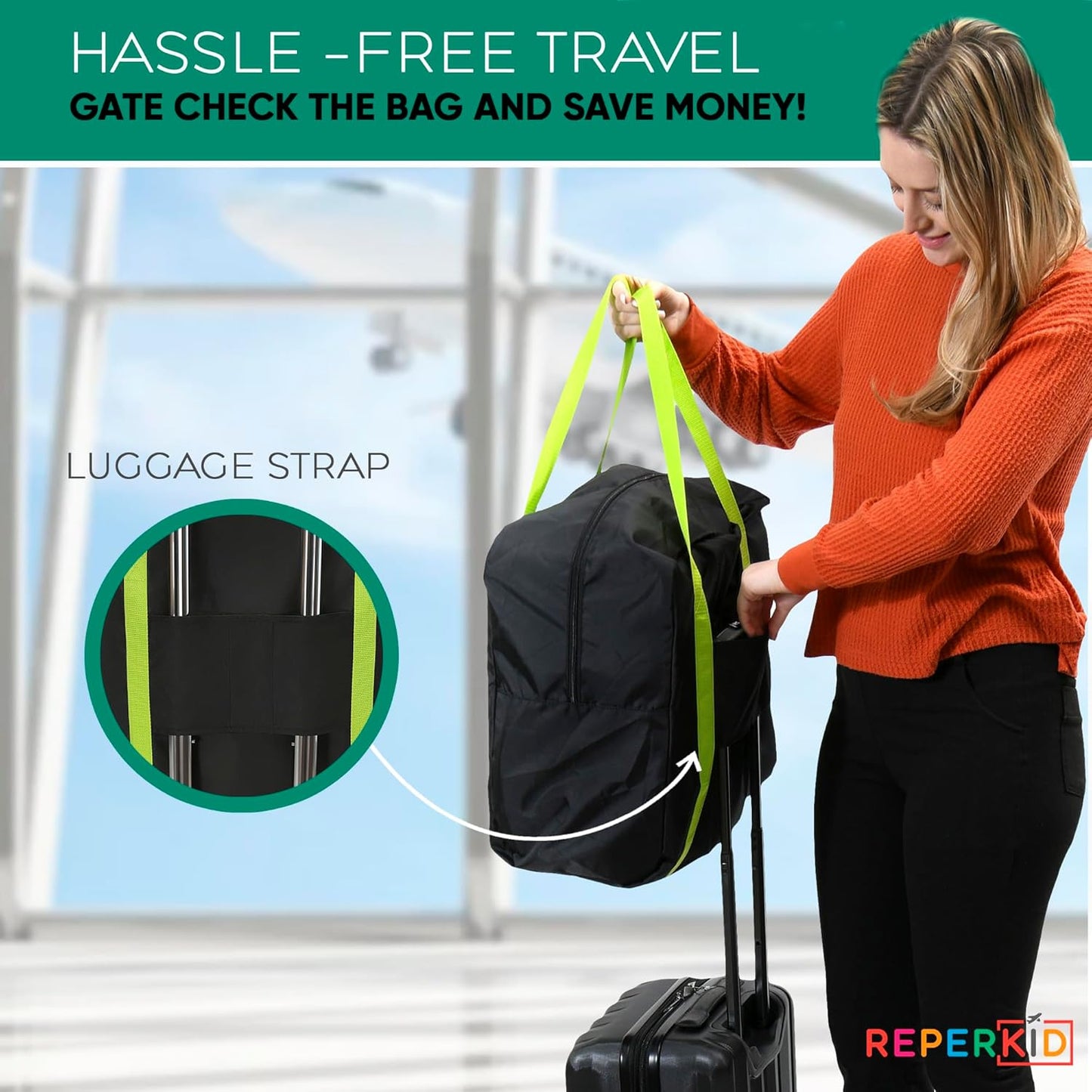 Reperkid Booster Seat Travel Bag for Airplane, Black and Green, 17" H x 16.5" W x 9.5" D, Compatible with Gb Pockit Stroller & Most Boosters– Premium Waterproof Cover, Hand Bag Design, Durable Zipper