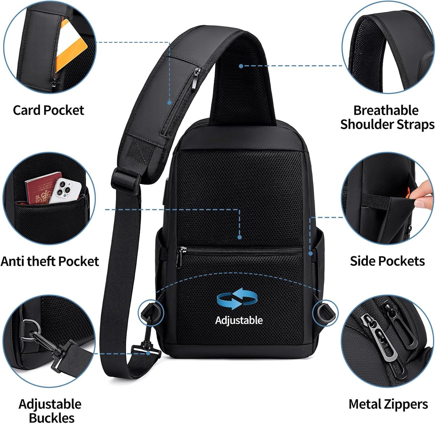 FENRUIEN Crossbody Sling Bag for Men, Water Resistant One Shoulder Backpack, Black Side Bag for Travel