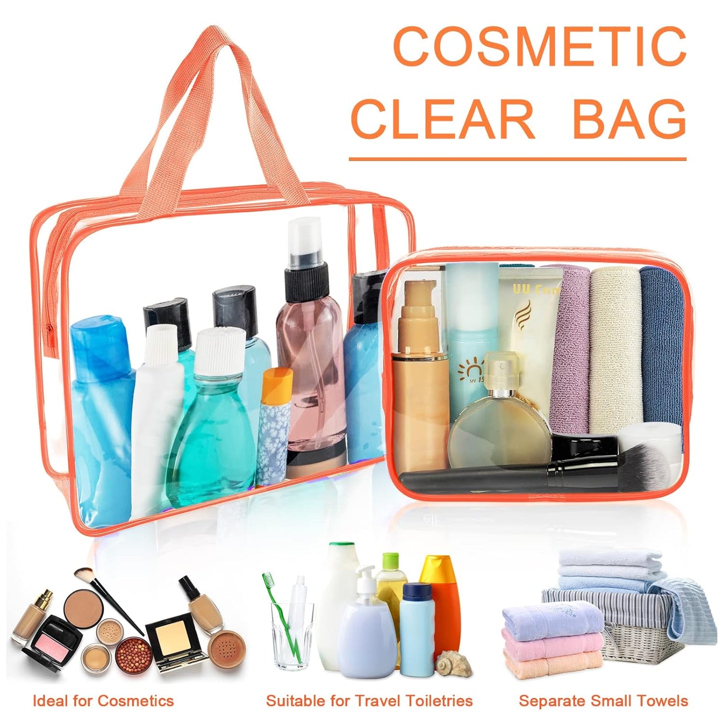 APREUTY Clear Makeup Bags, TSA Approved 6 Pcs Cosmetic Makeup Bags Set Clear PVC with Zipper Handle Portable Travel Luggage Pouch Airport Airline Vacation Organization (Orange)
