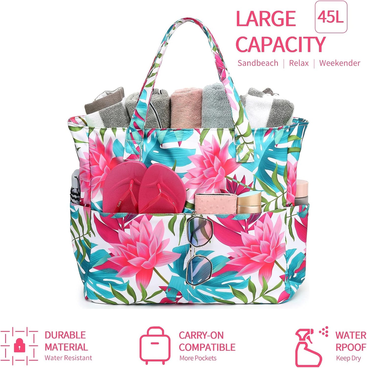 LEDAOU Large Beach Tote Bag Women Waterproof Sandproof Zipper Beach Tote Bag for Pool Gym Grocery Travel with Wet Pocket