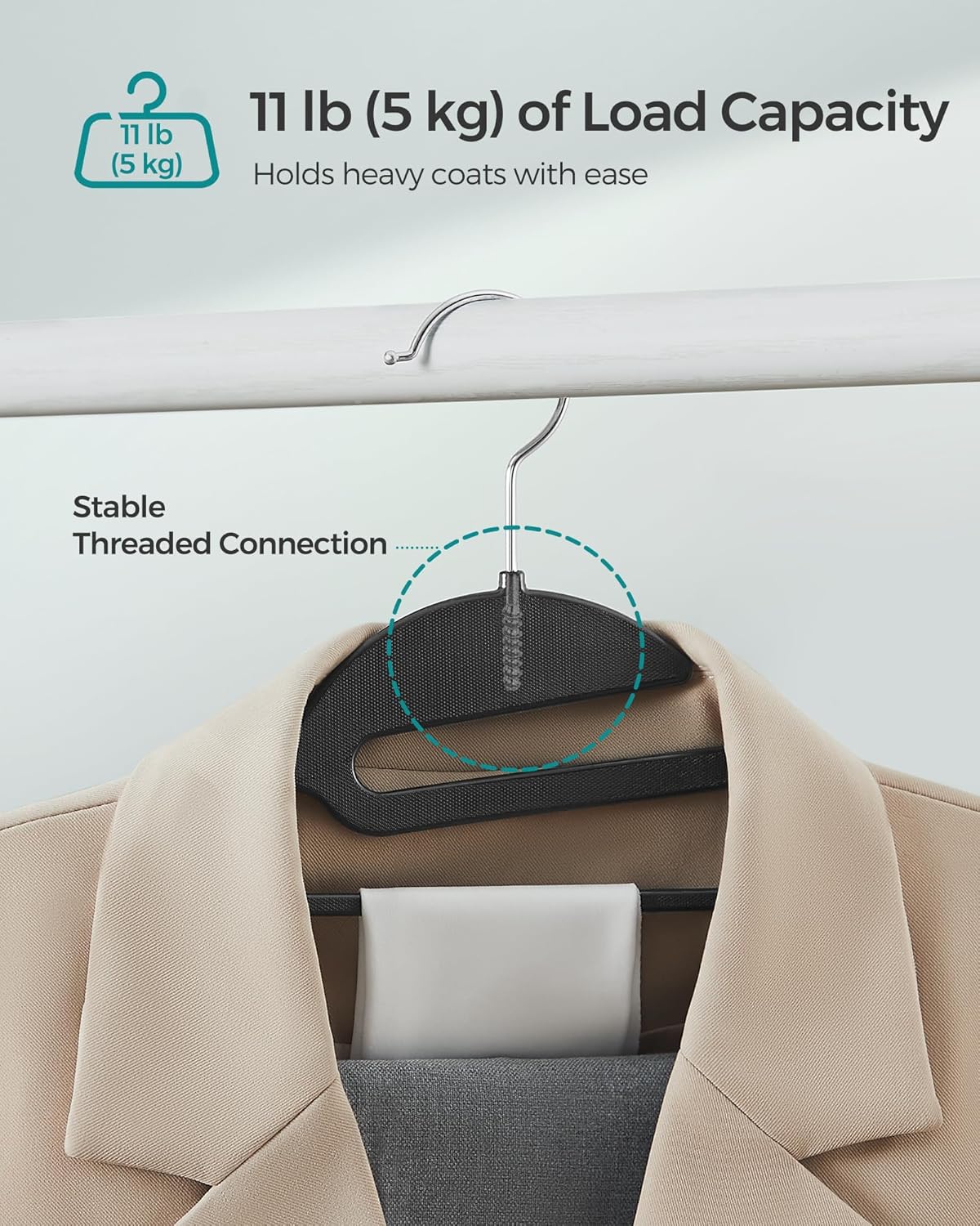 SONGMICS 50 Pack Coat Hangers, Heavy-Duty Plastic Suit Hangers, S-Shaped Opening, Space-Saving, 360º Swivel Hook, 16.3 Inches Wide, Ink Black UCRP41BK-50