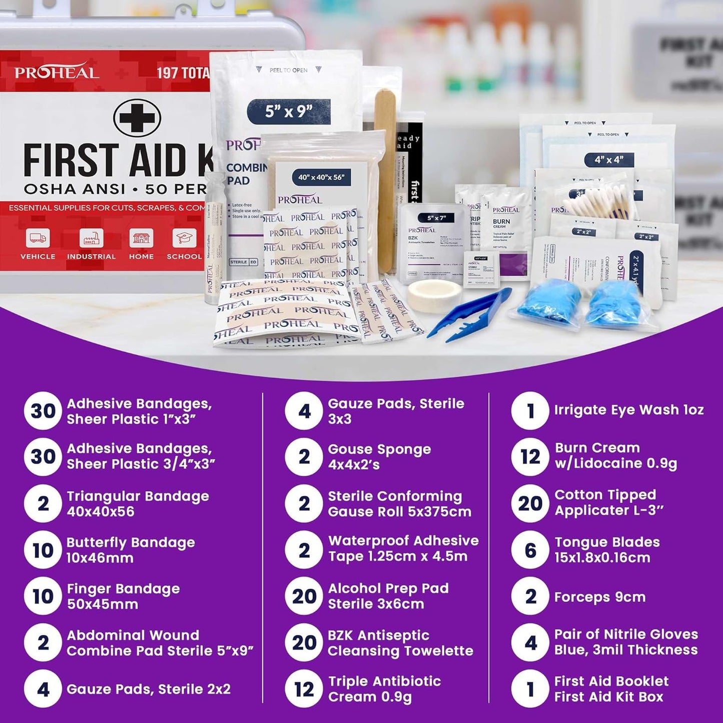 50 Person OSHA Compliant First Aid Kit for Businesses, Vehicles, Trucks, Construction Site - Type III, ANSI Class A Emergency Kit - 197 Piece Essential First Aid Supplies