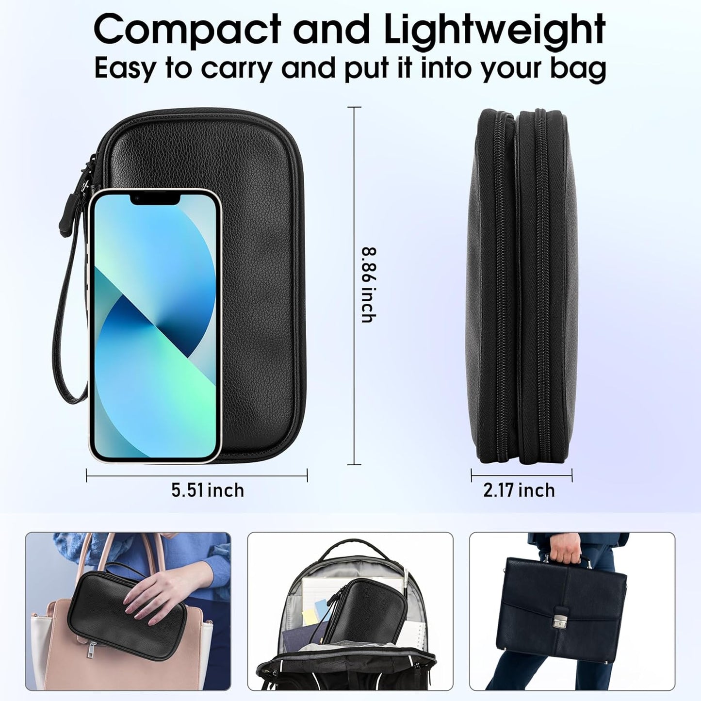 Leather Travel Electronic Organizer - Double Layer, Waterproof Case for Cables, Chargers, Phones & More - Portable, Shockproof Pouch for All Your Electronics Accessories (Black, M)