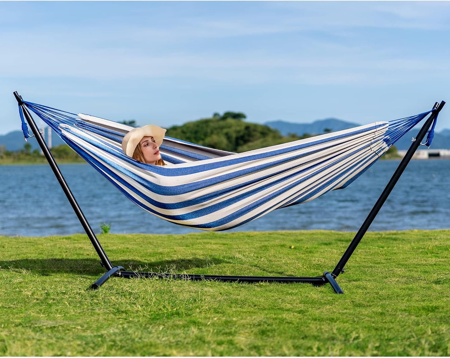 Lazy Daze Hammocks Double Hammock with 9 ft Space-Saving Steel Stand Includes Portable Carrying Case, 450 Pounds Capacity (Blue White)