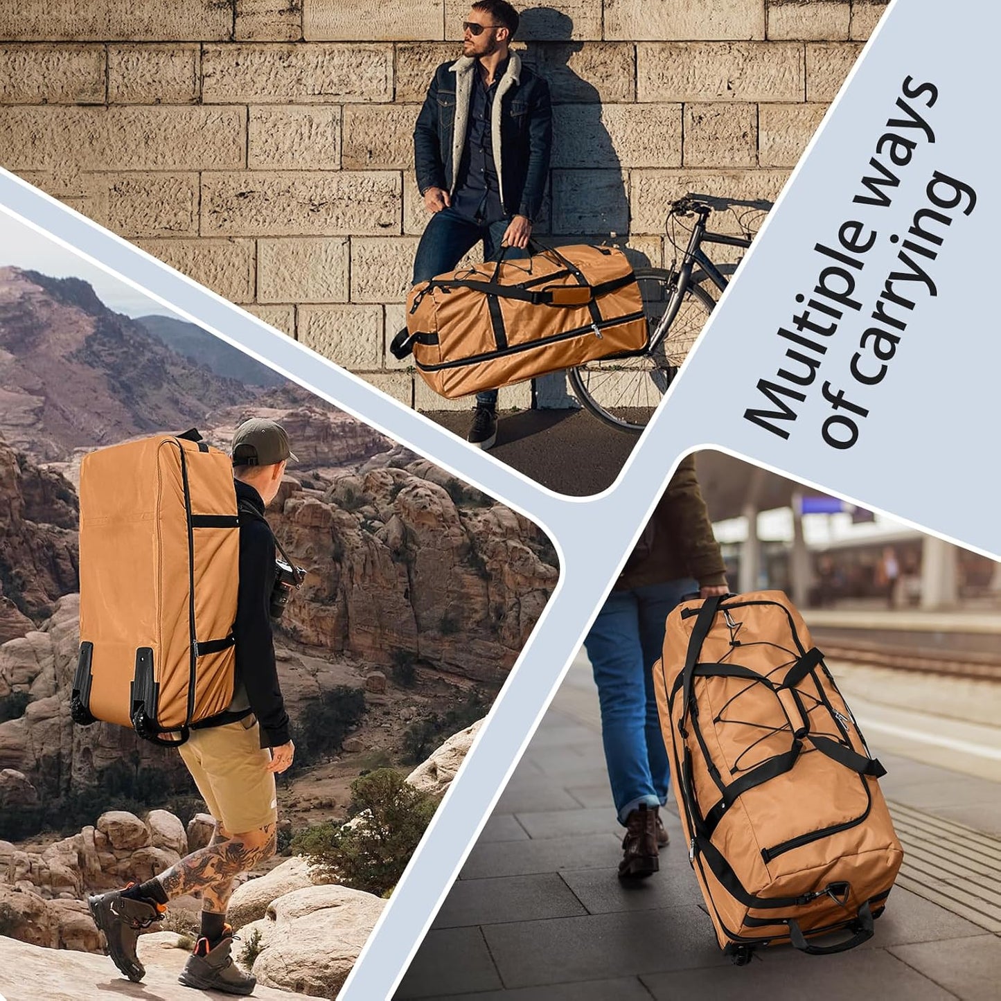 110L Expandable to 140L 32” Foldable Oxford Soft-Sided Rolling Duffle Bag with 2 Heavy-Duty Wheels,3 Large Compartments,Adjustable Shoulder Strap and Attached Organizer Pouch,Coffee