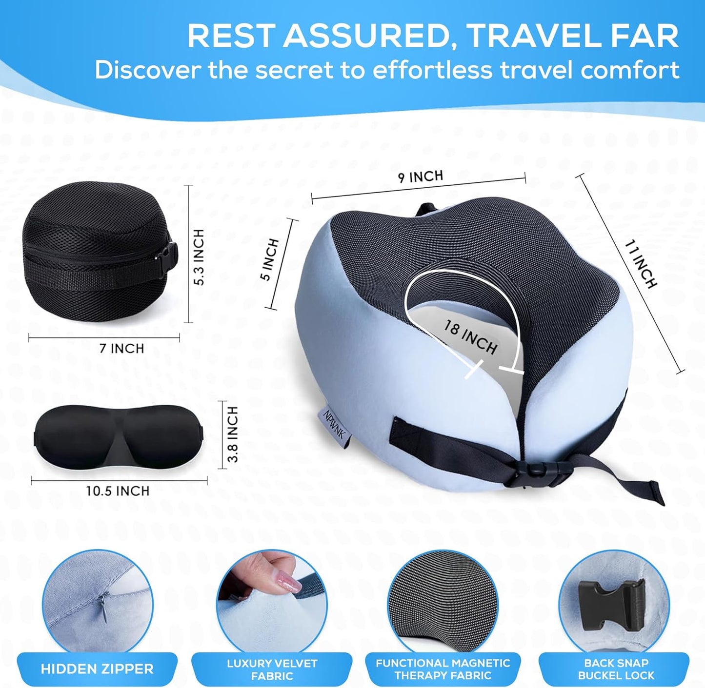 Pure Memory Foam Travel Pillows for Airplanes – Ergonomic Design with Adjustable Fit, Machine Washable, 3D Eye Mask & Compact Plane Pillow for Traveling – Grey & Blue