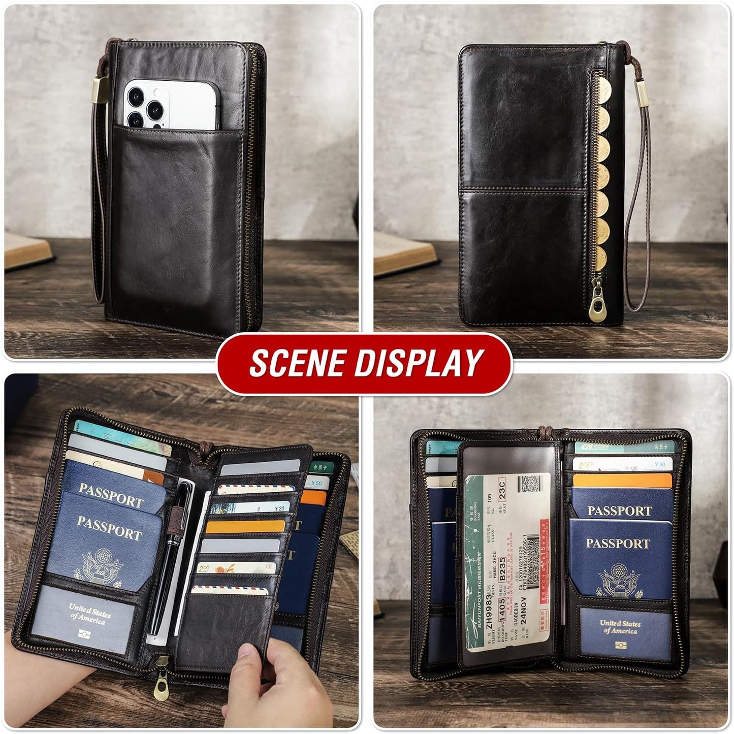 Top Grain Leather Travel Passport Wallet Holder for Man & Woman, Handmade with Three-Layer for 4 Passports & Multi Cards, RFID Blocking Large Capacity for Cards/Passports/Tickets, Coffee