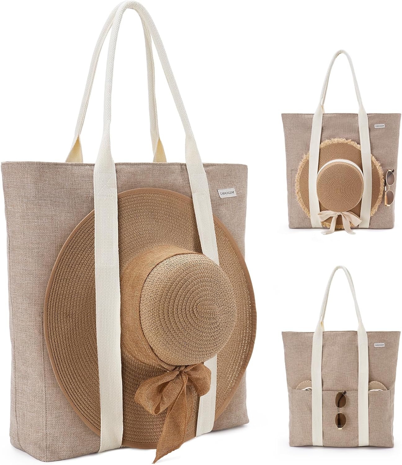 Large Beach Tote Bag with Zipper-Travel Tote Bag for Women with Sun Hat Holder Strap Boho Summer Beach Tote