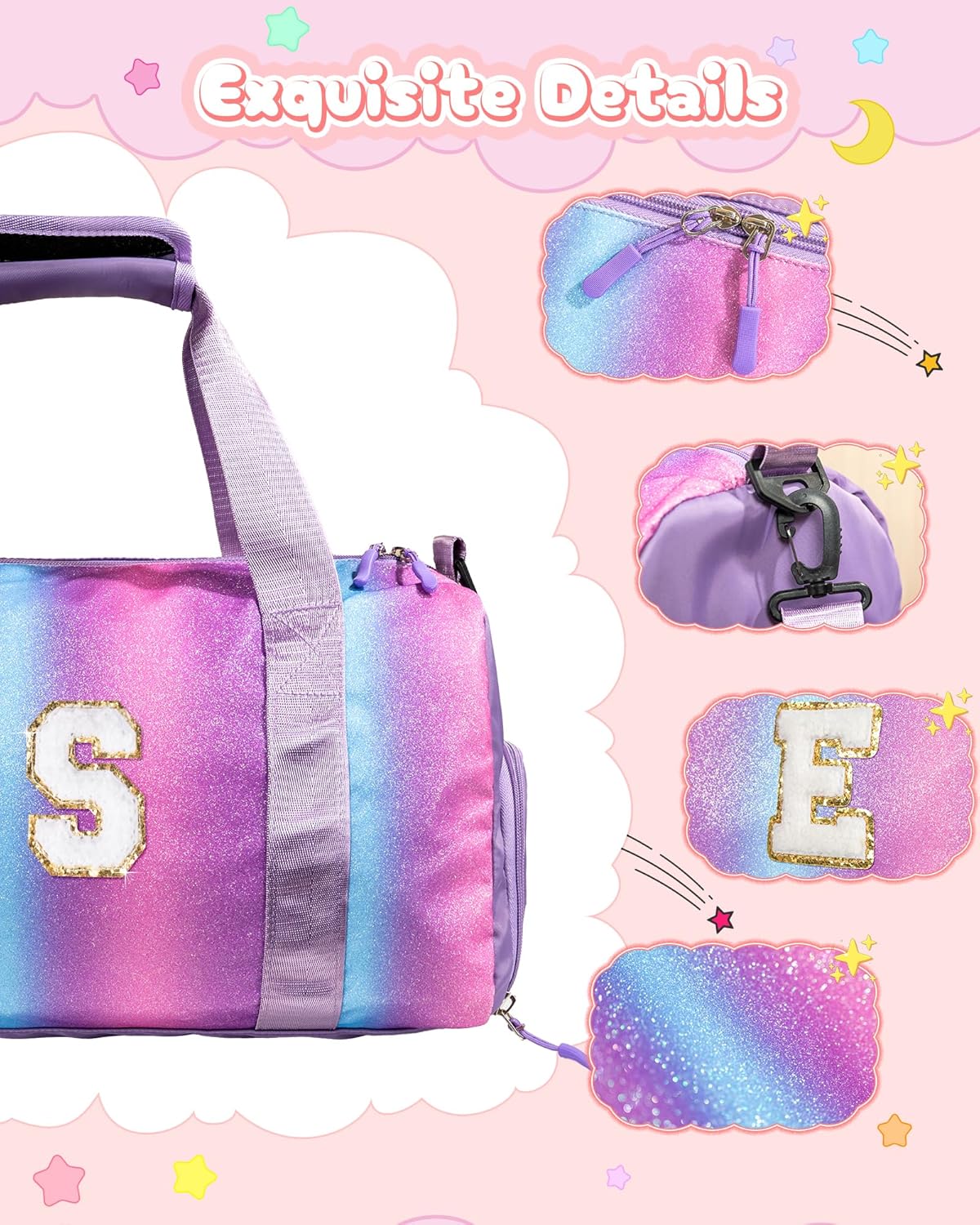 Dorm Room Essentials for Girls-Girl Gym Bag with Shoe Compartment, Kid Personalized Weekender Overnight Bags, Initial Travel Tote with Makeup Pouch, Preppy Stuff Gifts for Kids (Letter F)