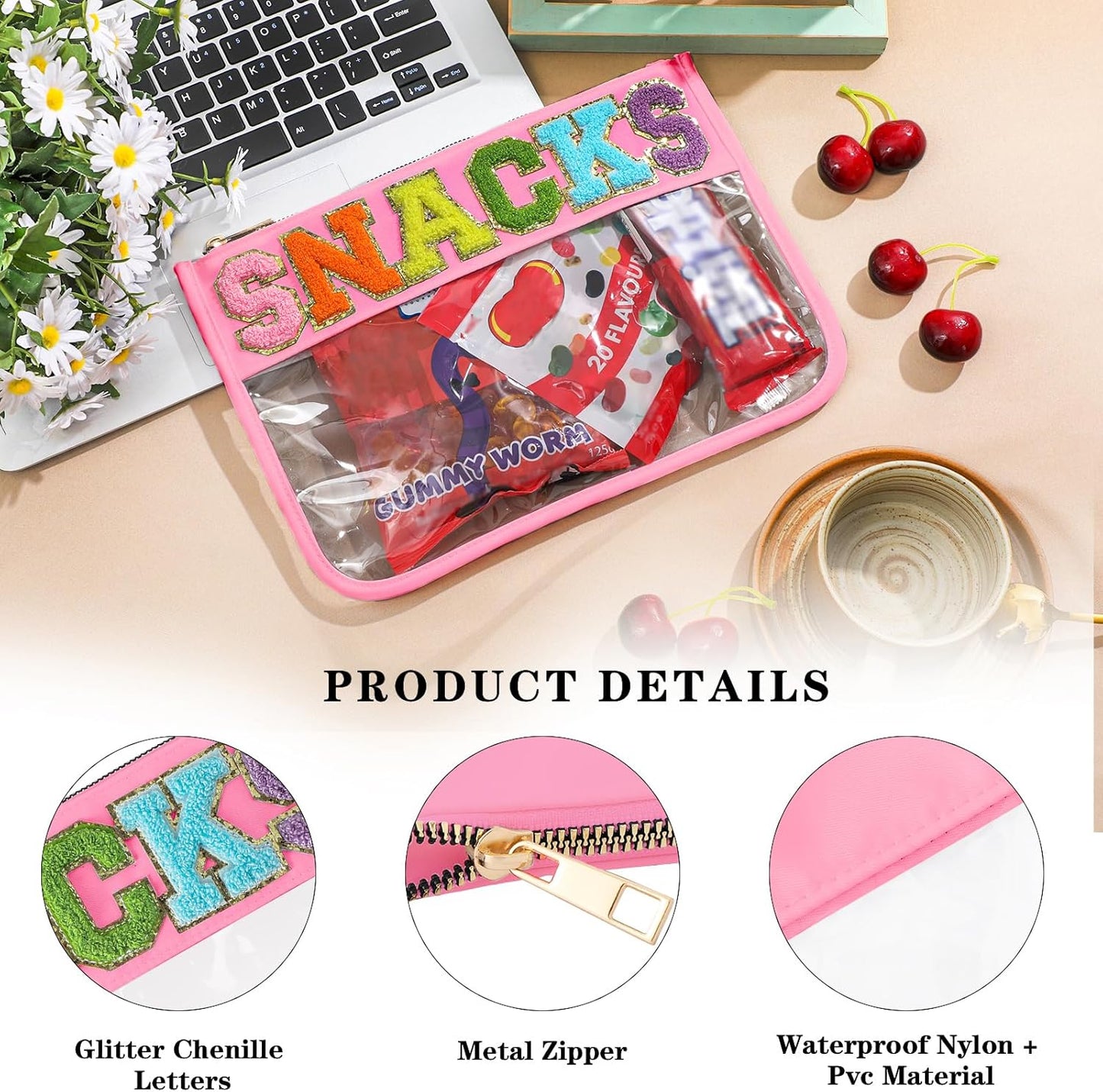 DYSHAYEN Chenille Letter Clear Zipper Pouch for Travel,Nylon Clear Cosmetic Bag,Makeup Travel Bag for Women Girls 11.8 Inches x 8.2 Inches