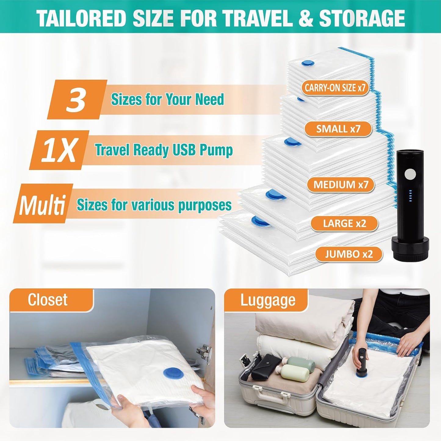 Vacuum Storage Bags with Electric Pump, 25 Pack Space Saver Bags Vacuum Seal Bags with Pump, Vacuum Sealer Bags for Clothes, Comforters, Blankets, Bedding