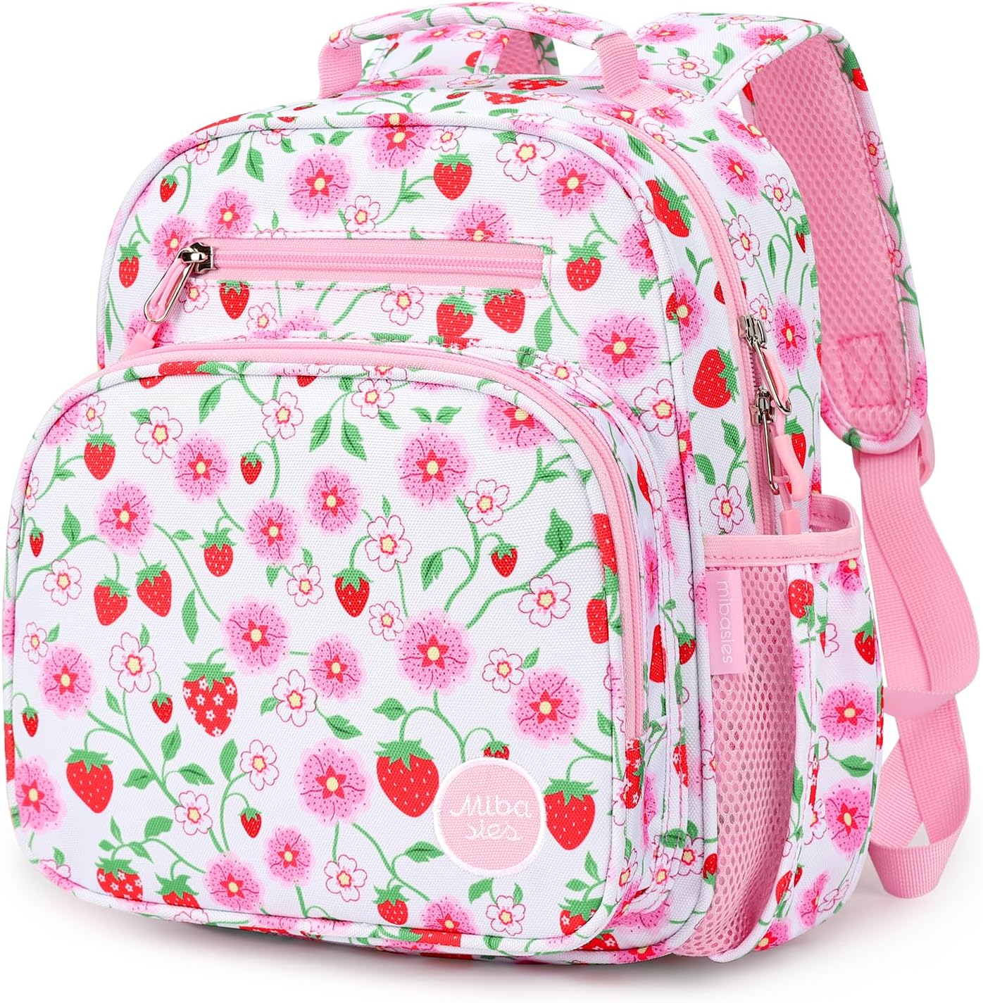 mibasies Toddler Backpack for Girls 2-4: Cute Kids Backpacks for Girls - Preschool Kindergarten Backpack - Strawberry Floral Pink