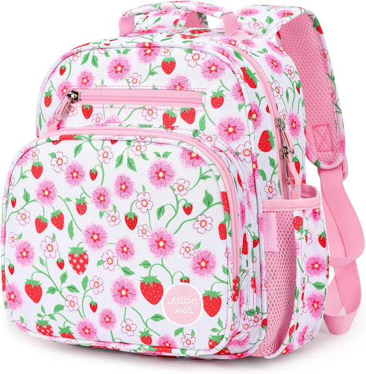 mibasies Toddler Backpack for Girls 2-4: Cute Kids Backpacks for Girls - Preschool Kindergarten Backpack - Strawberry Floral Pink