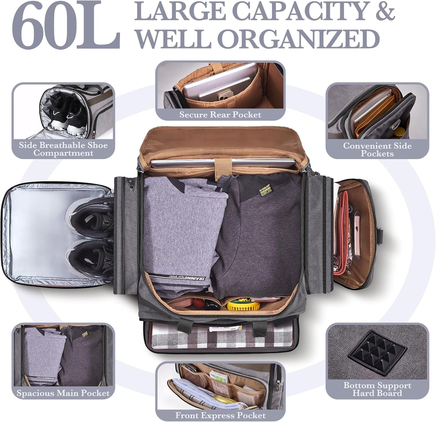 SHOWKOO Duffle Bag for Travel 60L Expandable Canvas Travel Bag Durable Vintage Weekender Overnight Carry On Bag for Men(Dark Gray)