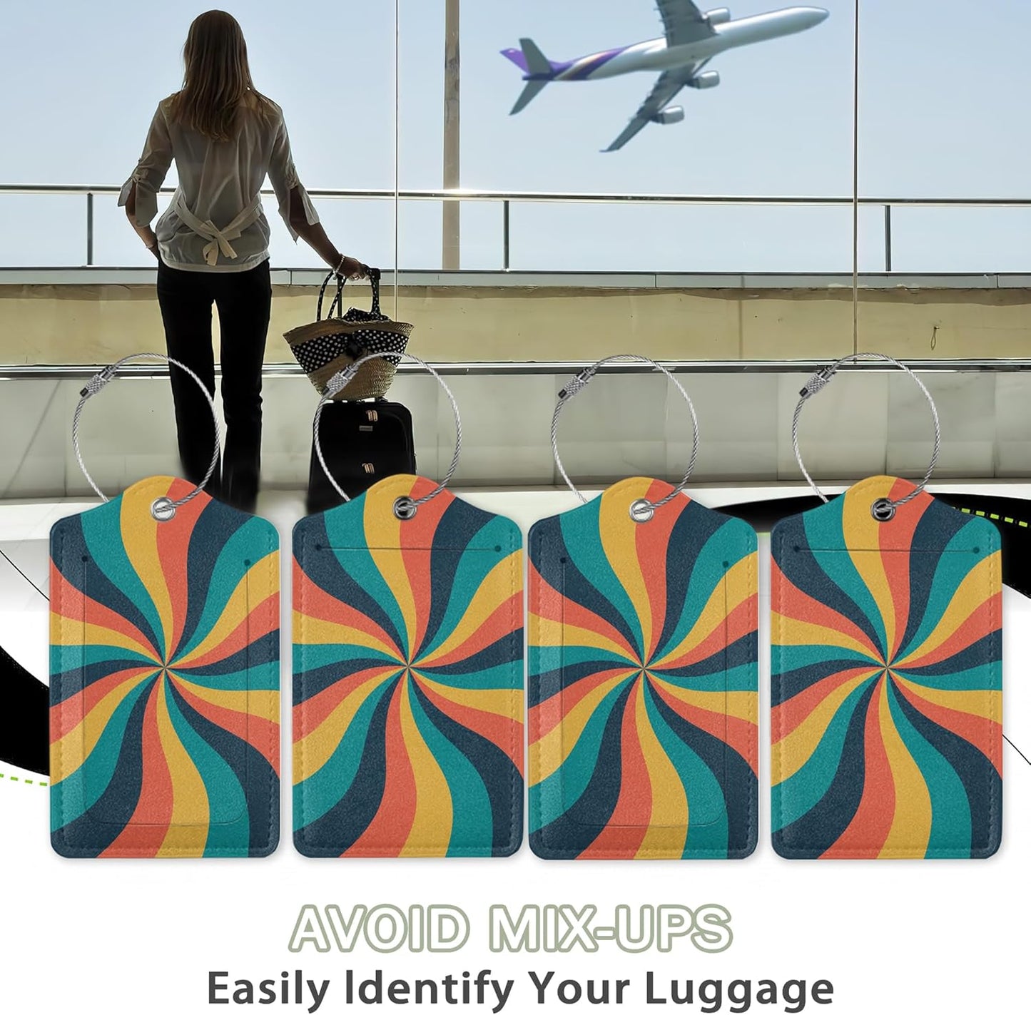 2 Pcs 70s Retro Wavy Luggage Tags,Cruise Vintage Twisted Ray Luggage Tag with Privacy Flap,Name Id Label and Steel Loop for Women Men Travel Bag Suitcase