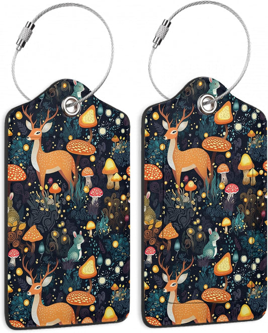 2 Pack Mushrooms Luggage Tag for Suitcases Deer Forest Animal PU Leather Bag Travel Suitcase ID Identifier Baggage Tags for Women Men Travel