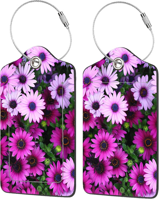 2 Pack Luggage Tags for Suitcases,Flowers Luggage Tag,PU Leather Id Label Luggage Tags with Stainless Steel Loop and Privacy Cover for Women Men Teens Travel