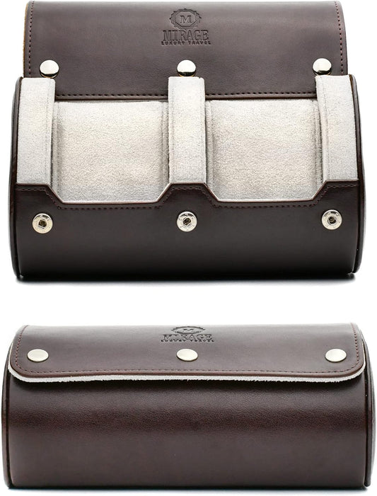 2 Watch Travel Case for Men - Mirage Watch Roll Gift Accessory - Espresso/Ivory Vegan Leather