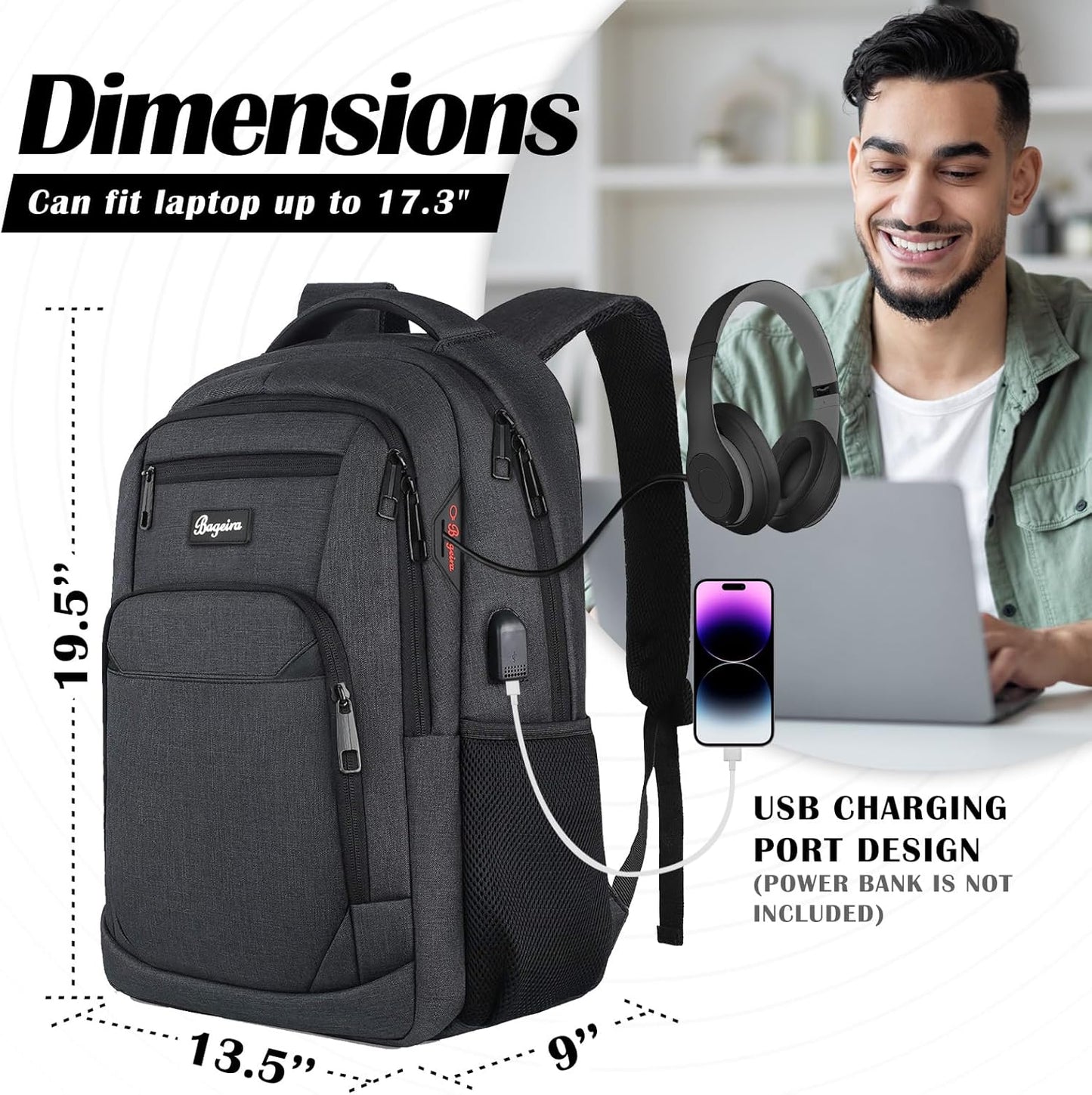 17.3 Inch Laptop Backpack, School Backpacks for teen boys, College High School Backpack. Travel Backpacks with usb Charging Port for Women Men. Anti-theft Waterproof Work Bookbags, Black