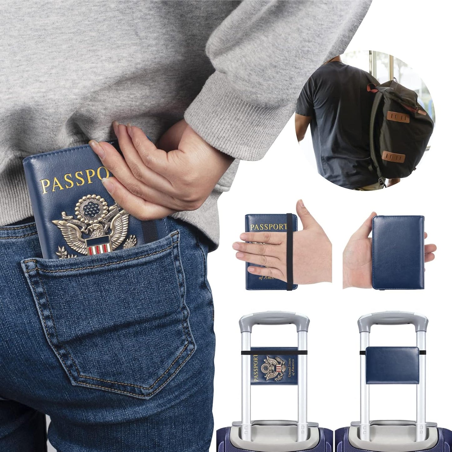 Passport Holder for Travel Passport Cover for Men Passport Wallet Case With 3D Metal Badge Protector Leather Card Case RFID Blocking Women Travel Accessories Document Organizer (Navy Blue)