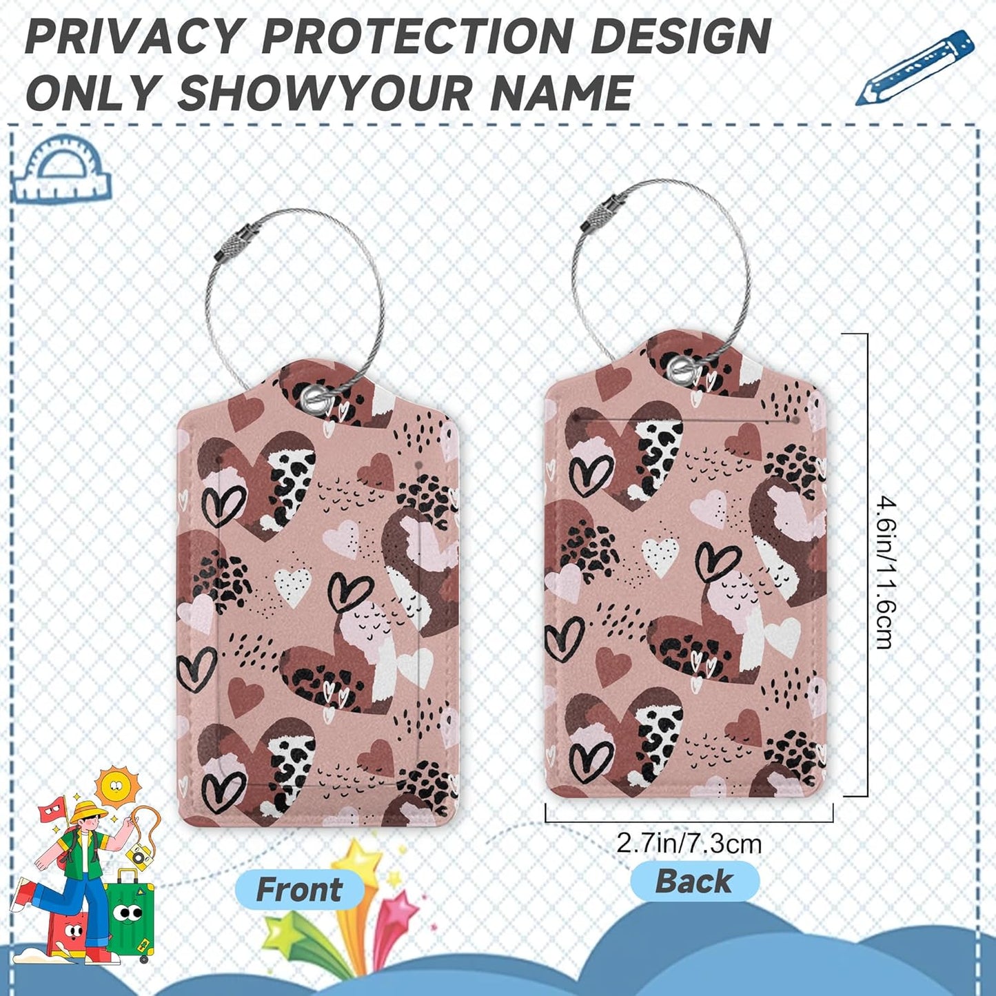 Set of 2 Luggage Tag for Suitcases LeatherAbstract Leopard Print Hearts Tags with Stainless Steel Loop Privacy Name ID Card Cover Travel Bag Labels Set for Women Men Kids Girls