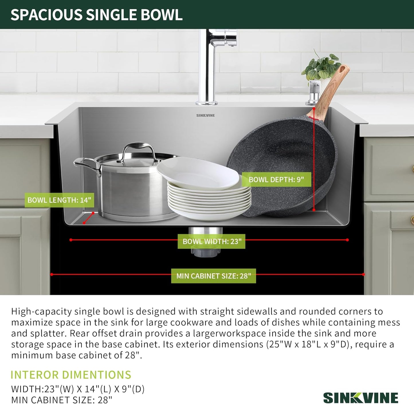 25-Inch Drop-In Kitchen Sink, SINKVINE 25" x 18" Stainless Steel Indoor and Outdoor Sink, Top Mount Large Deep Single Bowl Sink for Laundry Room, with Drain Strainer, Bottom Grid, Roll-up Drying Unit