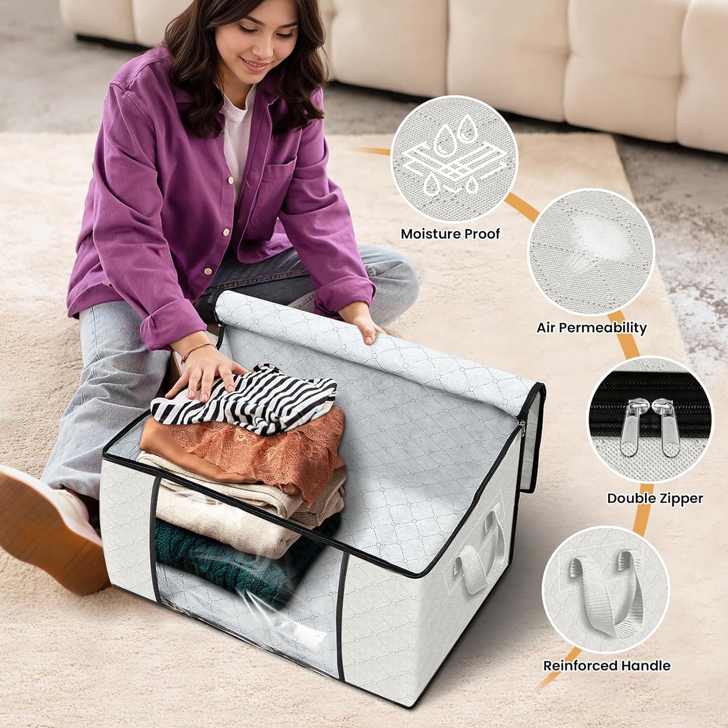 Fab totes 3 Pack Clothes Storage, Foldable Thick Fabric Blanket Storage Bags, Containers for Organizing Bedroom, Closet, Clothing, Comforter, Organization with Handle,Ivory White