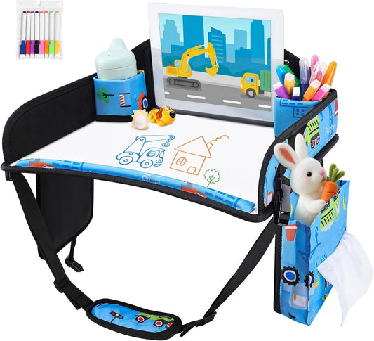Kids Travel Tray, Kids Travel Trays for Car Seat, Road Trip Essentials for Toddler, Carseat Lap Tray with Dry Erase Board & Storage Organizer for Road Trip Activities for Kid, Light Blue