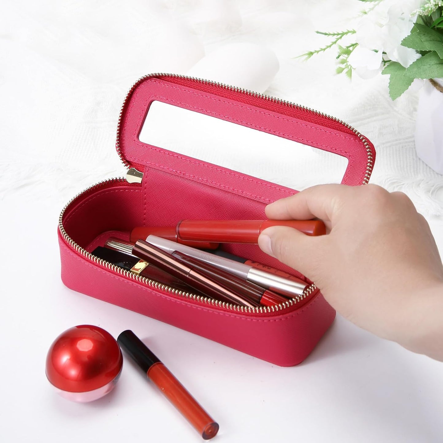 Aveniee Clear Makeup Brush Bag, Slim Brush Holder Cosmetic Case, Small Travel Toiletry Bag for Women, Thin Make up Bags with Dual Zipper, Cute Travel Essentials Srorage Bag,Hotpink