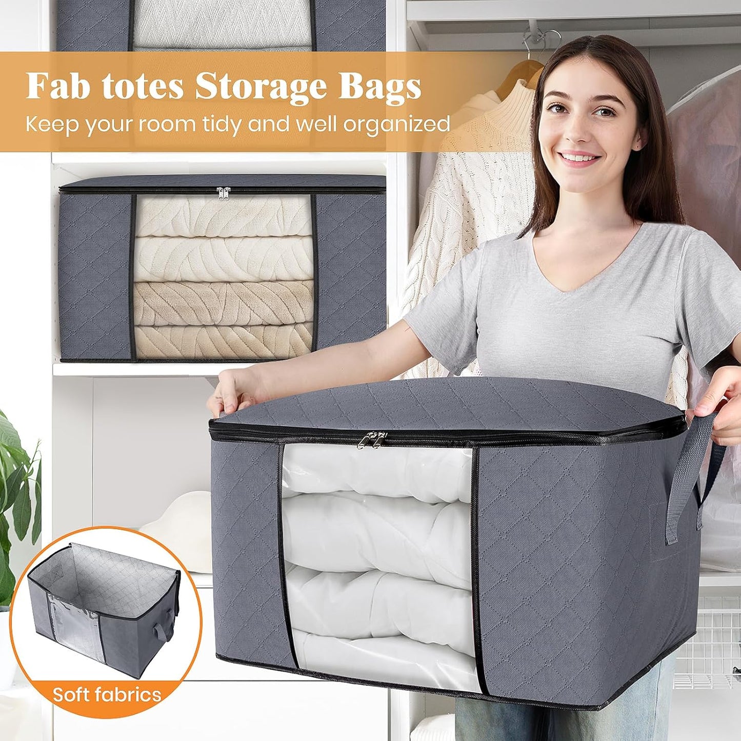 Fab totes 4 Pack Clothes Storage, Foldable Thick Fabric Blanket Storage Bags, Containers for Organizing Bedroom, Closet, Clothing, Comforter,Closet Organization with Handle,Grey
