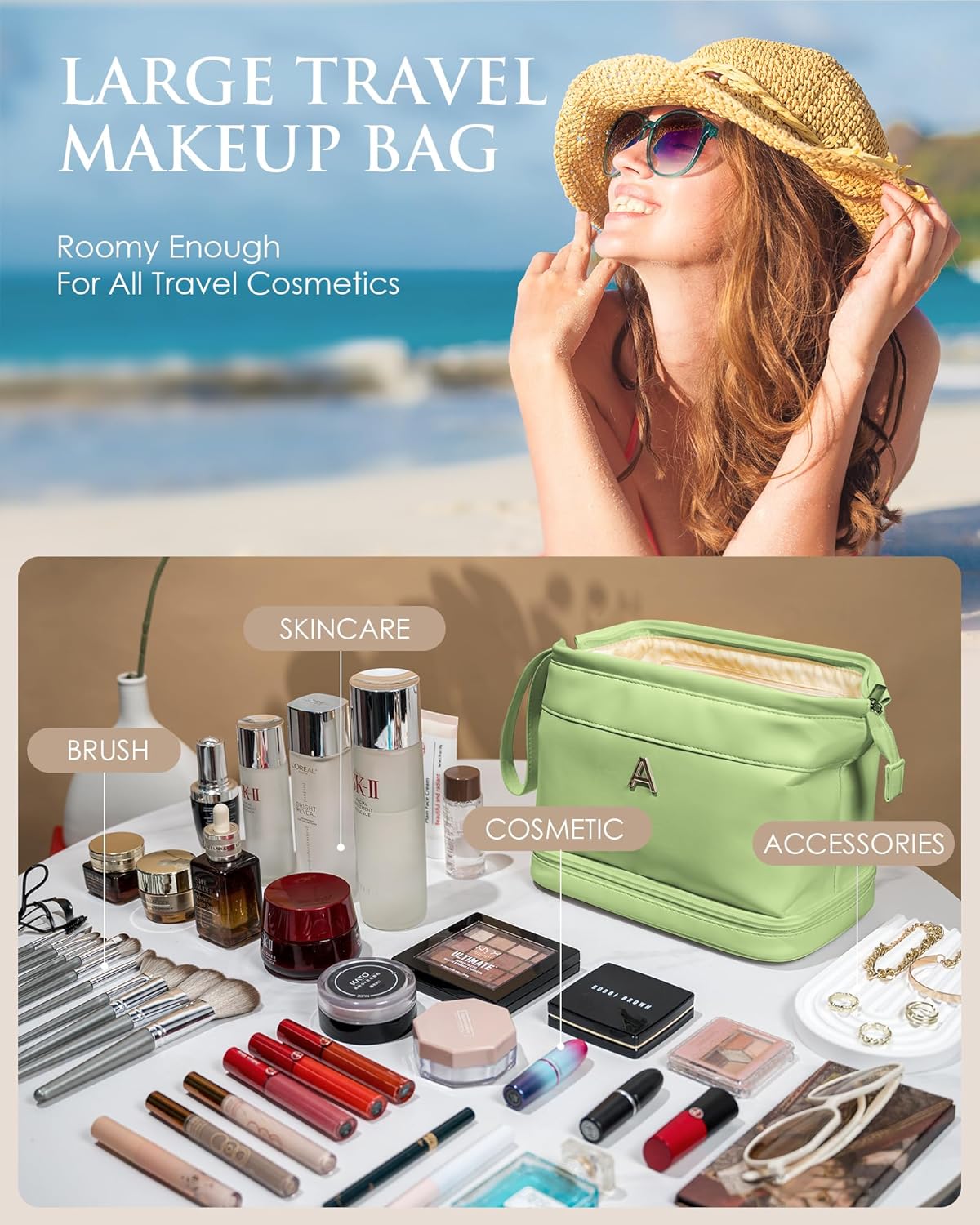 Ladies Trip Gift Ideas, Initial Large Makeup Bag, Bride To Be Gifts, Double Layer Cosmetic Bag, Waterproof PU Travel Toiletry Bag for Bachelorette Party Women Wedding Bridal, Bride Gifts