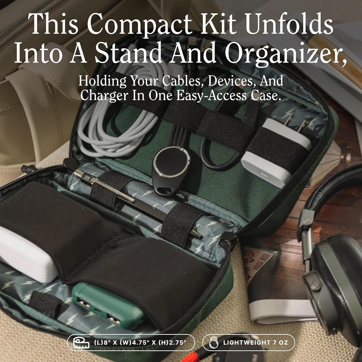 Halfday Sidekick Tech Organizer Kit | Flip-Out Kickstand for Phone/Tablet, Zip-Flat Pouch with Power Mesh & Elastic for Cable & Charger (Splash-Resistant Travel Electronics Accessories Case), Marine