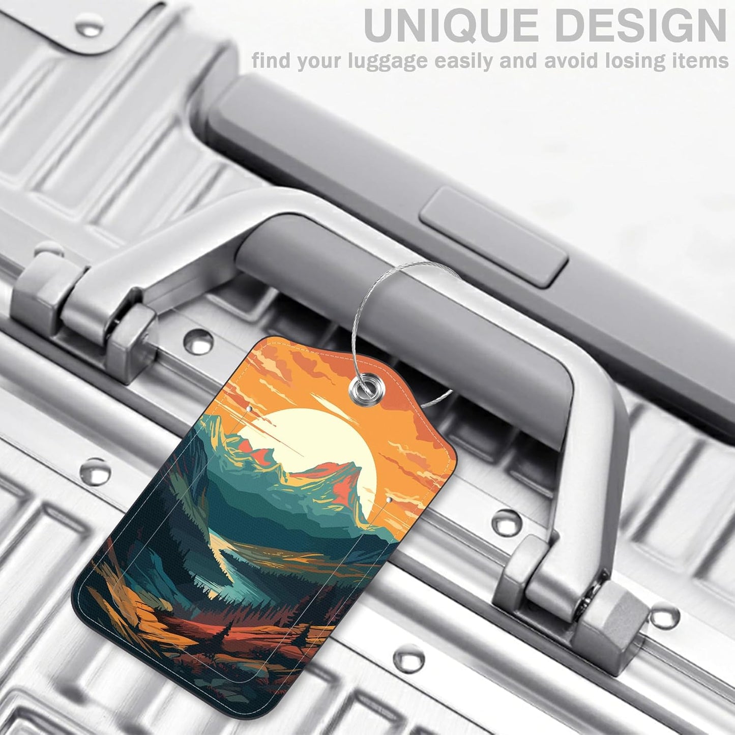 2 Pack Luggage Tags for Suitcases Sunset in The Mountains Leather Luggage Tags Privacy Cover ID Label with Stainless Steel Loop and Address Card for Women Men Travel Bag Backpack
