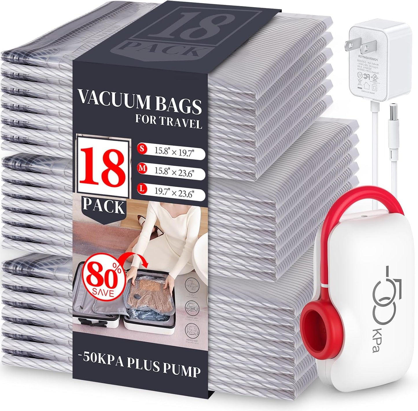 VMstr 18 Pack Travel Vacuum Storage Bags with High Pressure Electric Pump(D/C Power), Carry-on Size Space Saver Compression Bags for Clothes, Luggage & Packing