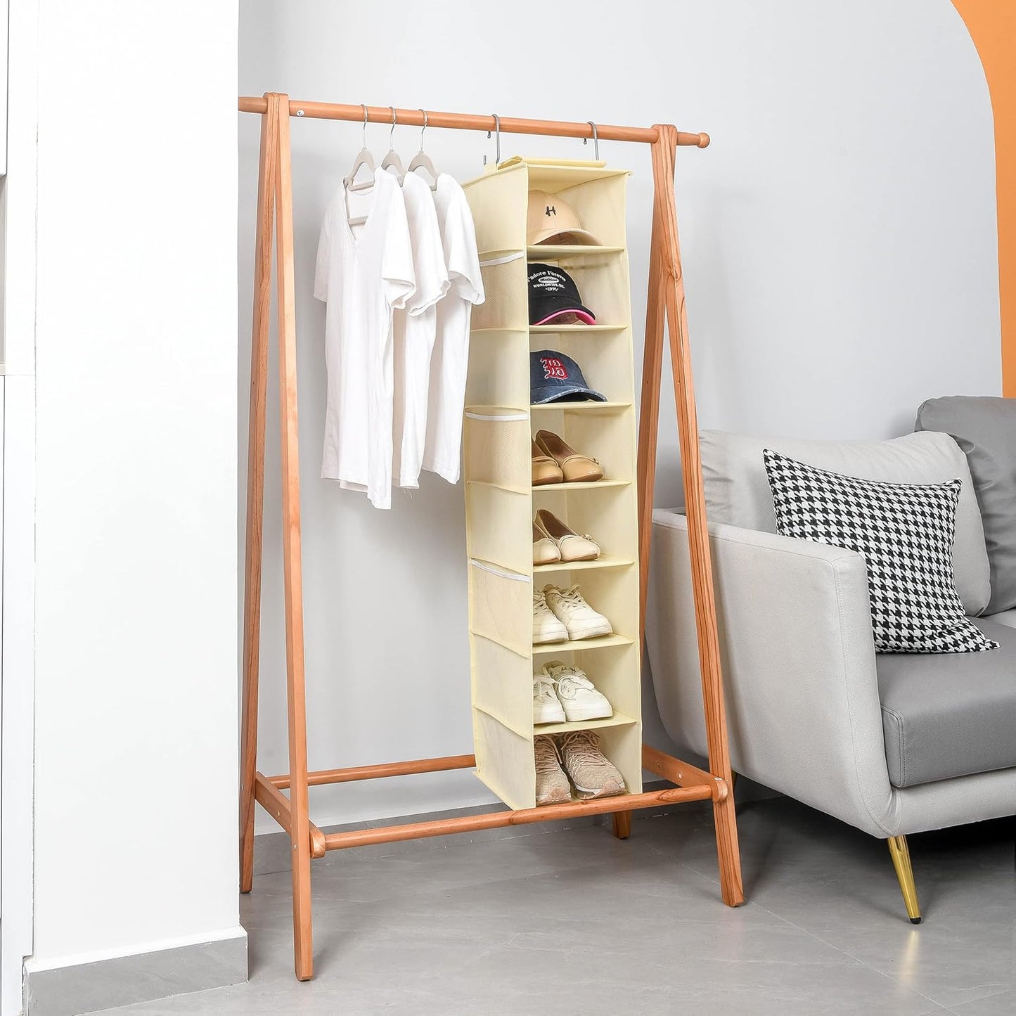 Hanging Shoe Organizer for Closet with Side Mesh Pockets，Hat Racks for Baseball Caps，Shoe and Hat Holder & Storage，8-Shelf，Beige，2 Pack
