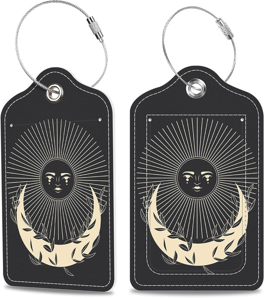 2 Pack Luggage Tags for Suitcase Moonlight in Vintage Engraving Leather Stainless Steel Loop Label Tags for Women Men Travel Bag Suitcase with Privacy Cover Name ID Card